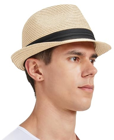 Zylioo S/M/L/XL/XXL Trilby Fedora stråhattar för stora/små huvuden, sommar roll-up jazz strandhatt herr för semester, Kubansk-beige, M