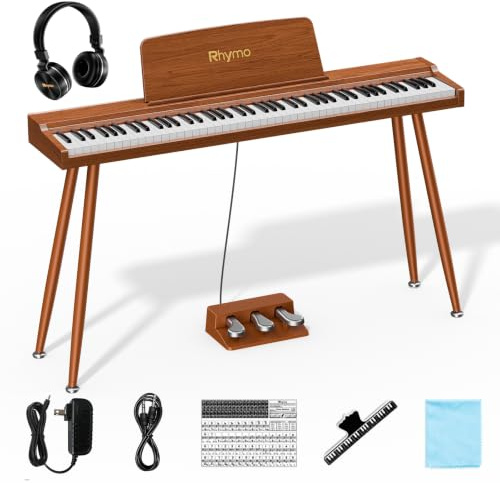 Rhymo Digital Piano 88 Semi Weighted Keys with Stand Touch Sensitivity, Full Size Keyboard, Portable Case, Sustain Pedal Deep Brown