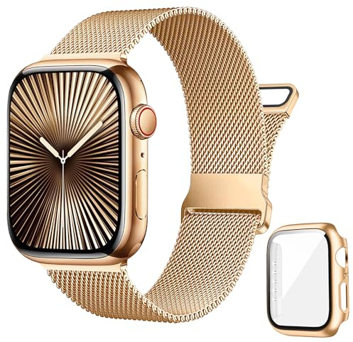 Vamyzji Compatible with Apple Watch Strap and Case Series 11 Series 10 42mm 46mm Protective Case with Screen Protector, Adjustable Magnetic Milanese Mesh Metal Strap for Apple Watch Serie 11 10