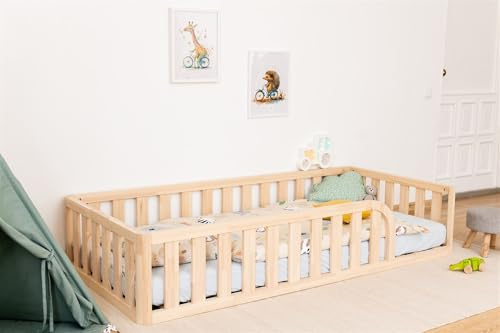 Mandrele - Montessori Bett, Bodenbett mit Lattenrost und Rausfallschutz, Kinderbett aus Kiefernholz für Jungen und Mädchen, 80x160 cm, Natur