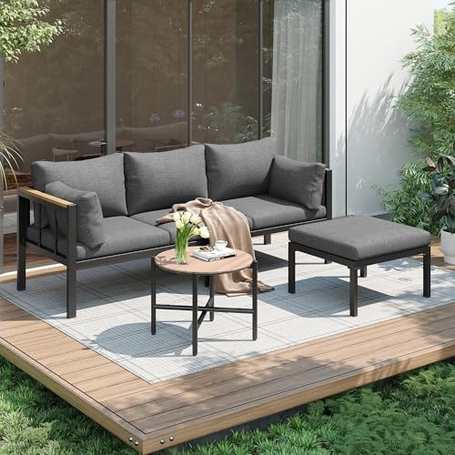 Set di mobili da giardino per balcone, giardino, lounge da 4 posti, con tavolino e poggiapiedi, salone da giardino, mobili da patio, 3 pezzi, sgabello e tavolo, piano in vetro