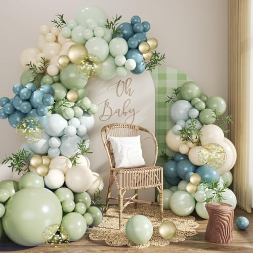 Salbeigrün Blau Luftballons Girlande Kit, 112 Stück Staubig Blau Grün Luftballon Girlande Set Mit Weißer Sand Gold Metallic Luftballon für Geburtstag, Babyparty, Verlobung, Brautparty, Hochzeit Deko