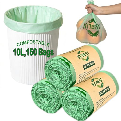 KITBEST 150 Biomüllbeutel Kompostierbare Müllbeutel 10L, Bio Müllbeutel Biologisch Abbaubare mit EN13432 Zertifizierung, Heimkompost Küchenbehälter Müllbeutel Lebensmittelabfallbeutel, Grün