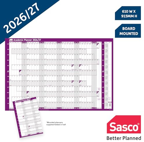 Sasco 2026/27 Academic Year Wall Planner, Board Mounted Calendar with Wet Wipe Pen and Stickers, 91.5x61cm, Purple