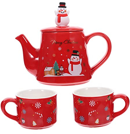 OUNONA Teiera e Tazze Tè Natalizio in Ceramica Rossa Con Stampa Pupazzo Di Resistente Al Calore Salvaspazio Sovrapponibile Per Uso Domestico e Regalo Di Natale