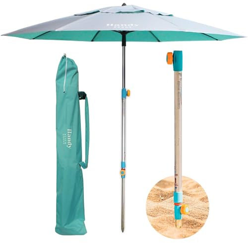 Handy Beach Umbrella & Anchor System, Large 7ft Silver Coated UPF 55 Canopy, 10 Second Installation, Wind Resistant, Durable, Lightweight, Comfortable Dual Pocket Carry Bag (Teal/Silver)