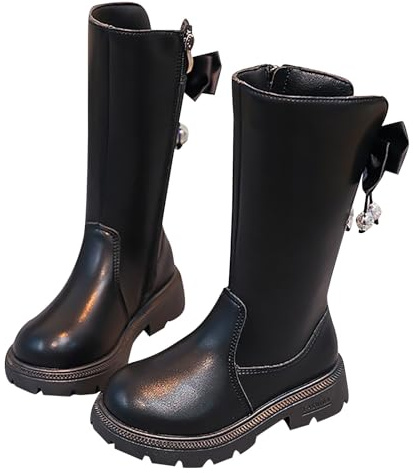 Bottes d'hiver tendance pour filles - En cuir - Imperméables - Doublure thermique - Semelle antidérapante - Avec nœud - Pour l'école - Confortables, 01 Noir, 32 EU