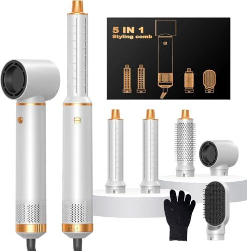 OKWRAP Air Styler 5 en 1, Airbrush 5 en 1, Hair Styler avec Seche Cheveux, Boucleur Automatique, Brosse Coiffante Chauffante, Brosse Lissante, Seche Cheveux 5 en 1 pour Sécher, Boucler, Lisser