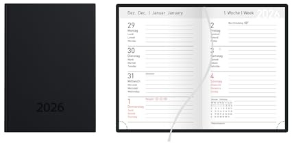 Idena 12053 - Taschenkalender DIN A7 2026, 1 Woche auf 2 Seiten, Terminplaner mit Balaton Einband in Schwarz, Leseband und Eckperforation