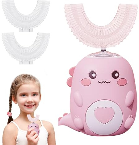 Spazzolino da denti elettrico ultrasonico U 360º per bambini, bambini piccoli, con 3 testine di spazzola in silicone U, timer 60s e 2 velocità, Ipx7 impermeabile, per 2-12 anni ragazzi ragazze (rosa