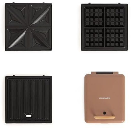 CREATE/STONE STUDIO/Sandwichera grill e waffle quadrupla moka / 3 piastre intercambiabili: Grill, Waffle e Sandwich, antiaderente, apertura 180º, 4 fette, spegnimento automatico, 1600W