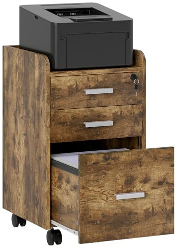 HOMCOM 3 Drawer Filing Cabinet with Lock, Rolling Under Desk Drawers with Edged Top for Letter, A4 Size, Hanging File Folders for Home Office, Rustic Brown