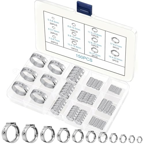150 Pièces Collier de Serrage Inox 304, Réglables Colliers de Serrage Tuyau 11 Tailles (5-22 mm) - Colliers Durite Métalliques pour Tuyau, Automobile, Plomberie