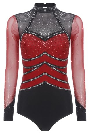 Monduelle Damen Ballettanzug Glitzer Turnanzug Gymnastikanzug Langarm Eiskunstlauf Body Overall Trikotanzug Wettbewerb Tanzkostüm