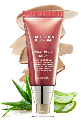 BB Cream Tinted Moisturizer with SPF 42,Perfect Cover Natural Beige BB Cream Foundation for Mature Skin,Colour Corrector Tinted Primer,Lightweight Hydrating Formula Matte Natural Flawless Finish