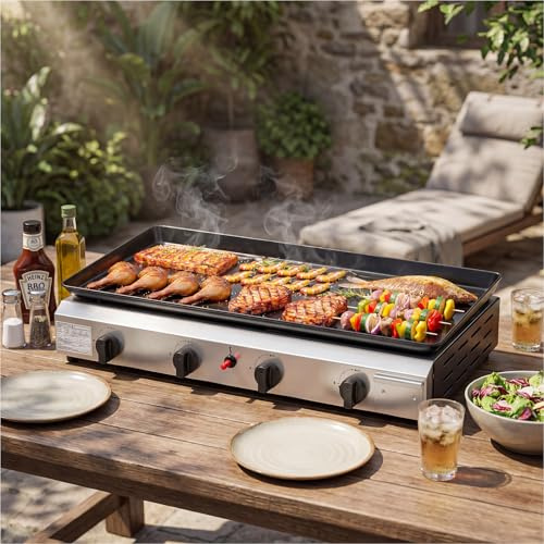 Bonnlo 4 Burner Grill Griddle, 40000BTU Portable Gas BBQ with Non-Stick Griddle, Tabletop Stainless Plancha Barbecue Grill for Camping, Patio Party,Outdoor Picnic