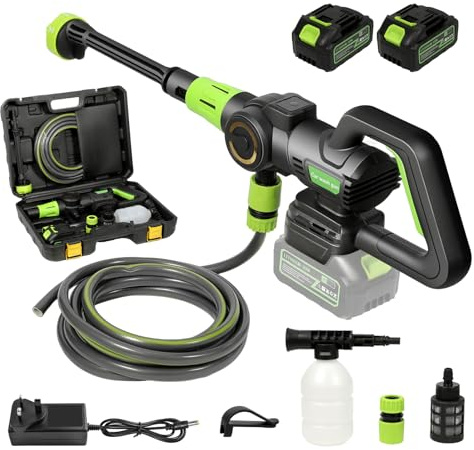 Nettoyeur Haute Pression sans Fil, Pressure Washer 3 Modes Max 120 Bars, Nettoyeur Haute Pression Portable avec 2 Batteries 3,0 Ah, Buse Réglable 6 en 1, Tuyau de 5 M, Nettoyage et Arrosage (Vert)