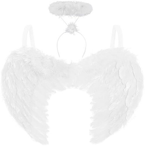 Engel Kostüm Damen mit Engelsflügel und Heiligenschein – Halloween Partnerkostüm – Engelskostüm Damen und Kinder – Flügel Kostümset als Weihnachtsengel oder für Fantasy, Karneval, Fasching