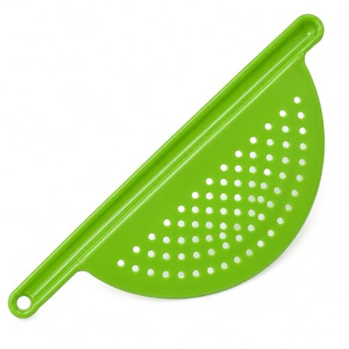 Handy Housewares Hand Held Plastic Pot Drainer, Pasta Noodle Veggie Strainer with Handle - Fits up to 9 Pot - Green