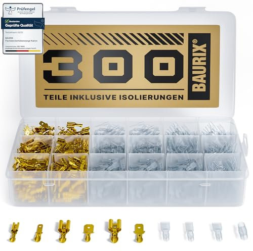 BAURIX® Flachsteckhülsen Set 300 Stück – Isolierte Kabelstecker Flachstecker Männlich & Weiblich – 2,8 mm, 4,8 mm, 6,3 mm Steckverbinder Sortiment