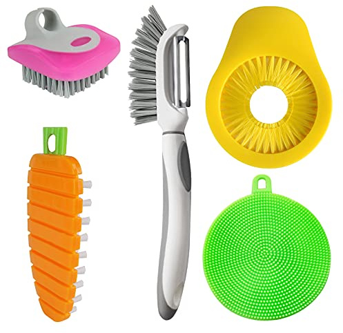 Openfly Flexible Vegetable Brush Fruit and Vegetable Brushes, Vegetable/Fruit Peeler with Brush Bendable Fruit Brush Scrubber for Food Veggies Carrot Potato Corn, 5 Pcs