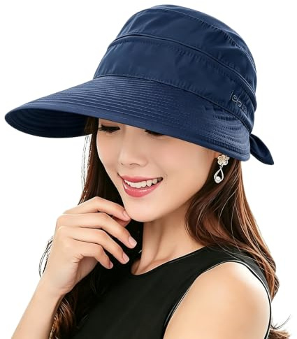 KXF Women's Sun Hat with UV Protection, Foldable Wide Brim Sun Visor with Detachable Top, Topless Sun Hats for Summer Beach Hiking, Adjustable Fit, Navy Blue