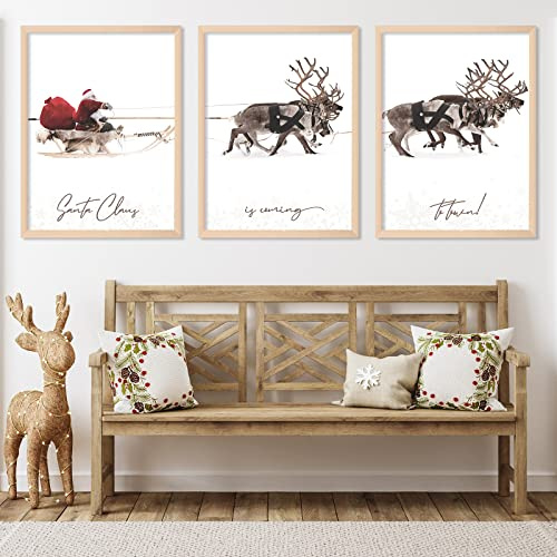 AnyDesign Weihnachts-Wandkunstdrucke, 30.5x40.6 cm, Weihnachtsmann, Rentier mit Schlitten, Kunst, Poster, Dekoration, groß, ästhetisch, Weihnachtsposter, Badezimmer, Wanddekoration (ungerahmt)