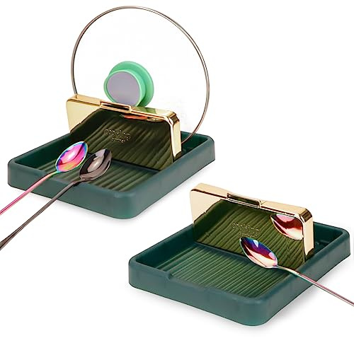 2Pcs Porte-cuillère avec support de couvercle pour cuisinière, Support de cuillère pour comptoir de cuisine, support de couvercle de casserole pliable, support d'ustensiles de cuisine (vert)