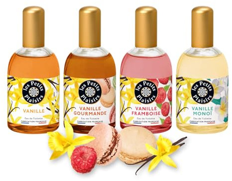 Les Petits Plaisirs - Lote de 4 Eau de Toilette Vanilla: Golosa, Monoï, Fresa - Perfumes de Mujer, Colonia Francia, 110ml