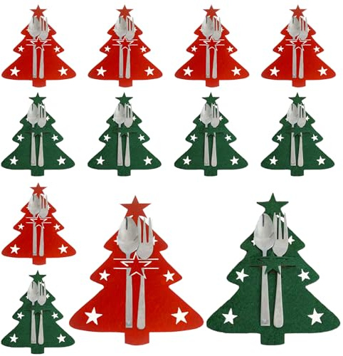 Vordpe 12 Stück Weihnachtsbaum Besteckhalter, Filz Besteckbeutel Weihnachten Gabeln Löffel Besteck Halter Taschen Weihnachten Tischdeko für Party Esstisch Deko