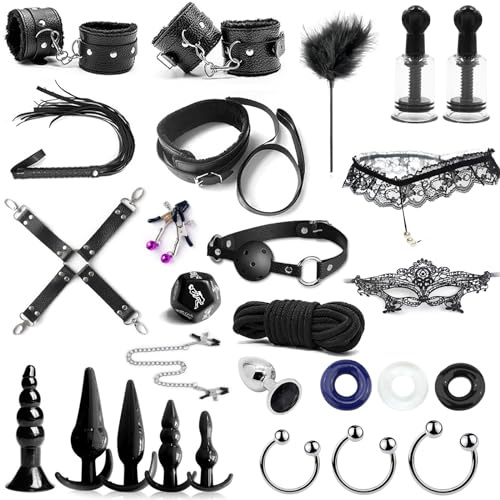 BDSM Fesseln Sex Set Perfekt Bondage Set 28 Stück,Handschellen Sex Bett Analplug Penisring Anal Dildo,Augenmaske Peitsche Choker Halsband Nippelklemmen Nippelsauger Sex Würfel,BDSMs Toys BDSM Set