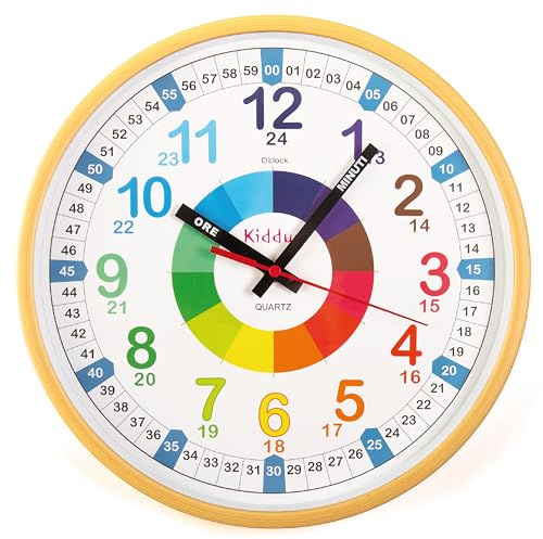 Kiddus Orologio da Parete Didattico per Bambini, Ragazzi. Analogico. Diametro 30cm. Con Esercizi per Imparare a Leggere l’Ora. Movimento al Quarzo Silenzioso.