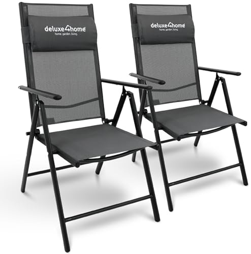 deluxe4home® 2er Set Gartenstuhl Klappbar 7-stufig verstellbar I Terrassenstuhl aus Metall Anthrazit I Hochlehner Klappstuhl mit Armlehnen Balkonstuhl inkl. Kopfpolster Campingstuhl