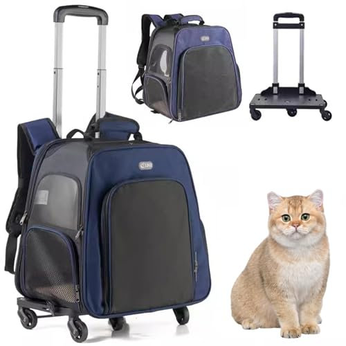 LYXLBX Hunderucksack Bis 10Kg, Hundetrolley Katzentransportbox, Katzen Rucksack Mit 4 Rädern, Reisetasche Mit Rollen Für Hunde Katzen,Katzentransportbox Für Autoreisen Oder Ausflüge,Dark Blue