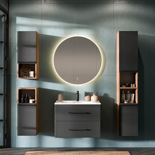 Planetmöbel LUX - Juego de muebles de baño con lavabo de 70 cm, espejo con iluminación redonda de 80 cm (función táctil), armario alto de 165 cm + 2 armarios midi de 75 cm, color dorado y antracita