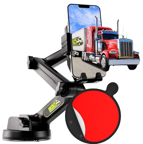 Cell Phone Mount for Truck Phone Holder for Truck Drivers - Heavy Duty Suction Cup + Dashboard Pad, iPhone Holder for Dashboard Window 16.9 inch Long, for iPhone & Samsung, Big Rig Trucker, Black