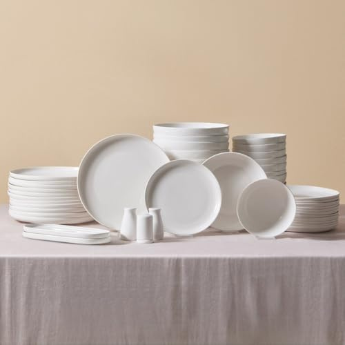 Karaca Streamline Favaro Service de Table Geschirr Set, 53 Tlg, Geschirrset 12 Personen aus Bone China mit Tellern, Schalen, rechteckigen Servierplatten, Salz- und Pfefferstreuer, Weiß Teller Set
