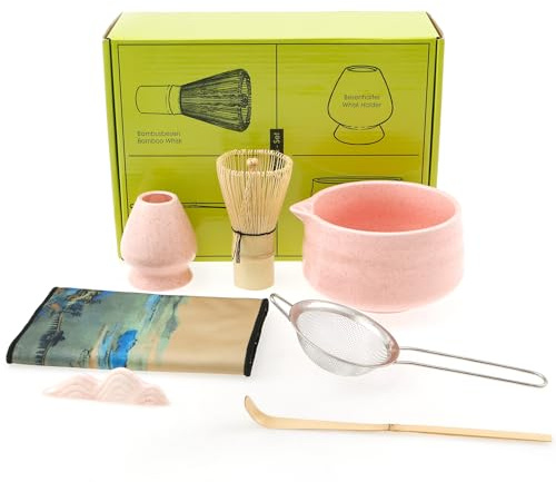 BAODBF 7 stycken Matcha-set, matcha kvast, keramisk matcha-skål med baibenli, tekvast, tesil, filter, tesil, trä matcha whisk, matcha teset för te (rosa)