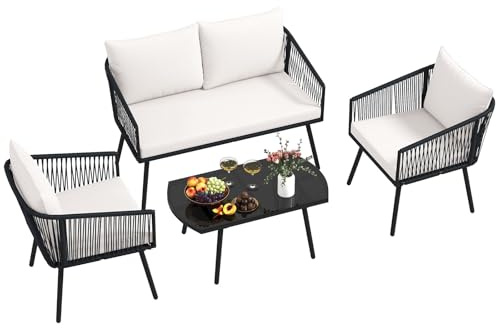 COSTWAY Set di 4 Pezzi in Corda PE da Giardino, Set Bistrò con Divano, Tavolino in Vetro Temperato, 2 Poltrone e Cuscini, Mobili da Giardino da Esterno per Cortile e Piscina