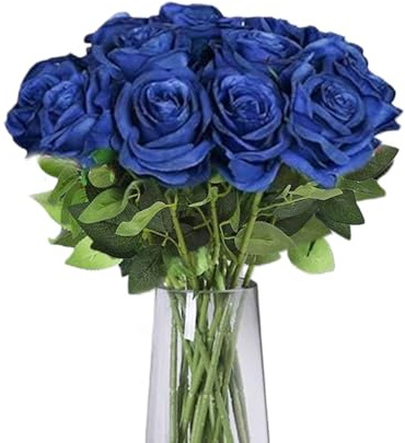 TILONKJ Kunstrosen Blau, 12 Stück, langstielig, für Hochzeit | Dunkelblaue Stabilrosen aus hochwertigen Fasern, naturgetreu, pflegeleicht, ideal für Brautstrauß, Geburtstag, Garten