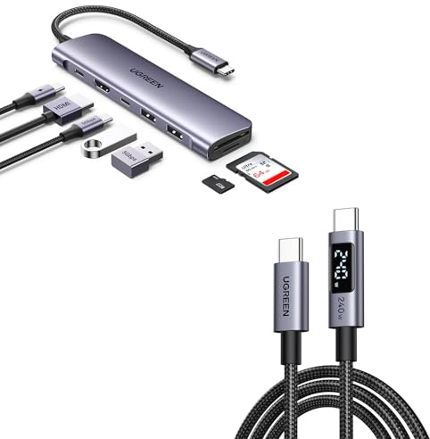 UGREEN Revodok 1071 Hub USB C HDMI 4K Adaptador Tipo C Lector Tarjeta SD TF PD 100W con UGREEN Cable USB C PD3.1 240W, Tipo C Carga Rápida con Pantalla LED