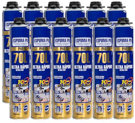 Espuma de Poliuretano 70L 750ml con Cánula – Espuma Expansiva Ultra Rápida para Sellado de Grietas y Huecos – Aislamiento Térmico y Acústico – Espuma para Construcción, Puertas y Ventanas x12 Unidades