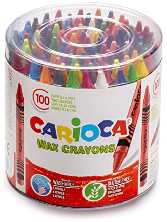 CARIOCA Pastelli a Cera – Barattolo 100 Pezzi, Colori Brillanti, Facili da Temperare, Lavabili, Punta Grossa da 8 mm, Atossici – Ideali per Bambini e Scuola