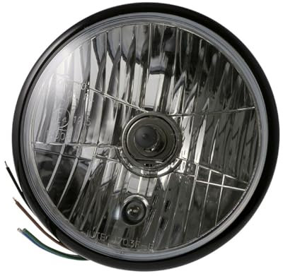 Motorrad 7 Zoll Scheinwerfer Reno Metallgehäuse Hochglanz schwarz klares Glas Prismenreflektor rund seitliche Befestigu