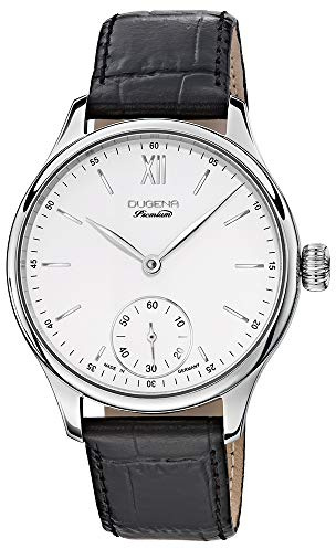 DUGENA Herren-Armbanduhr 7000116 Epsilon 9, Handaufzug, weißes Zifferblatt, Edelstahlgehäuse, Saphirglas, Lederarmband, Dornschließe, 5 bar