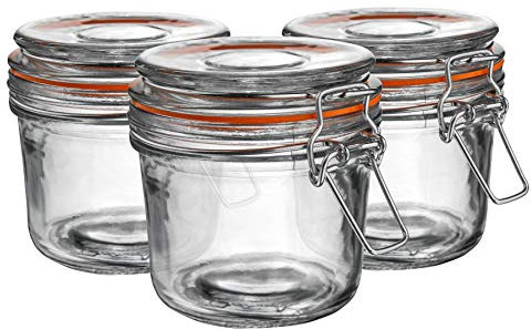 Argon Tableware Glass Jars with Airtight Metal Clip Lid - 350ml/12.3oz - 6 Pack - 4 Colour Seals - Medium Kitchen Storage Container Round Preserving Jar for Pickling, Chutney, Jam, Coffee