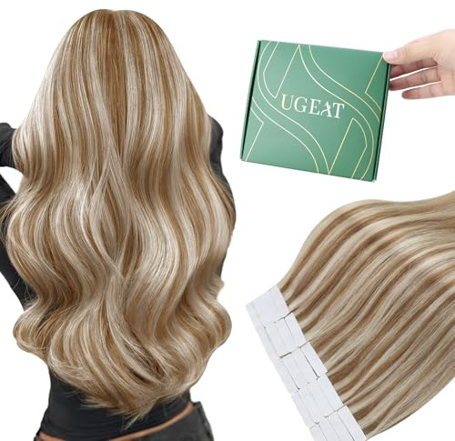Ugeat Extensiones Adhesivas Pelo Natural Mechas Castaño Rubio 40cm 20pz Extensiones de Cabello Natural Adhesivas Castaño Claro con Platino Remy Liso Invisible 50G | Extensiones de cabello humano Remy, con mechones, color marrón dorado con rubio platino, invisibles y suaves, para mujeres