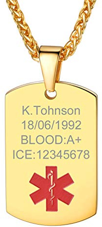 PROSTEEL Emergenza Medica Stella di Vita Rossa Collana Pendente Personalizzata Informazione Medica Gruppo Sanguigno, Catena Regolabile, Acciaio Inossidabile Placcato Oro, Oro - Incisione Gratis