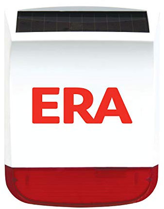 ERA Wireless Battery Powered, Solar Charged Strobe Alarm Siren for Home Security System - Red Lens Outdoor Burglar Alarm with Comfort Flashing LED lights