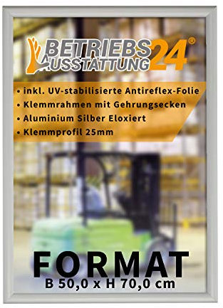 Betriebsausstattung24 Plakatrahmen mit Klemmrahmen - Alu Klapprahmen - 25mm Aluminium Profil - inkl. entspiegelter Schutzfolie Ecken auf Gehrung, Sondermaß HxB 70,0x50,0 cm